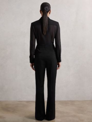Reiss Perla Sheer-Sleeve Tuxedo Jumpsuit Black