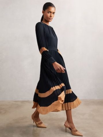 Reiss Tori Colour-Block Pleated Midi Dress Navy Camel