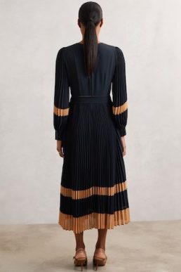 Reiss Tori Colour-Block Pleated Midi Dress Navy Camel