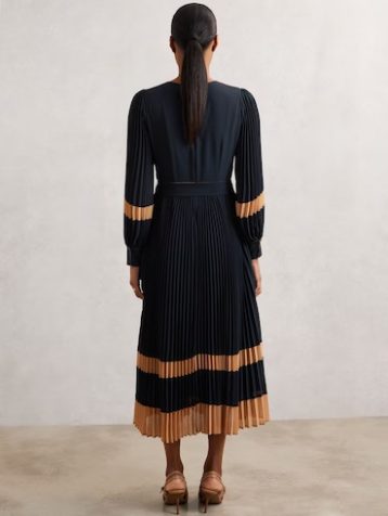 Reiss Tori Colour-Block Pleated Midi Dress Navy Camel