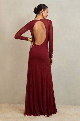 Reiss Ami Stitch Detail Maxi Long Sleeve Dress Red