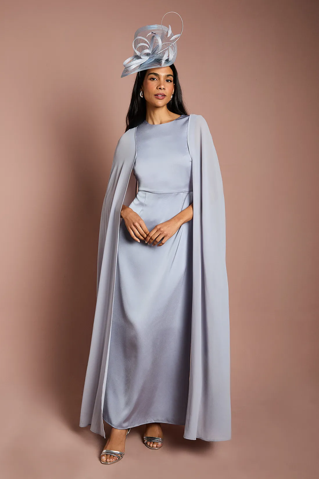 Sleeveless Crepe Maxi Dress With Chiffon Cape
