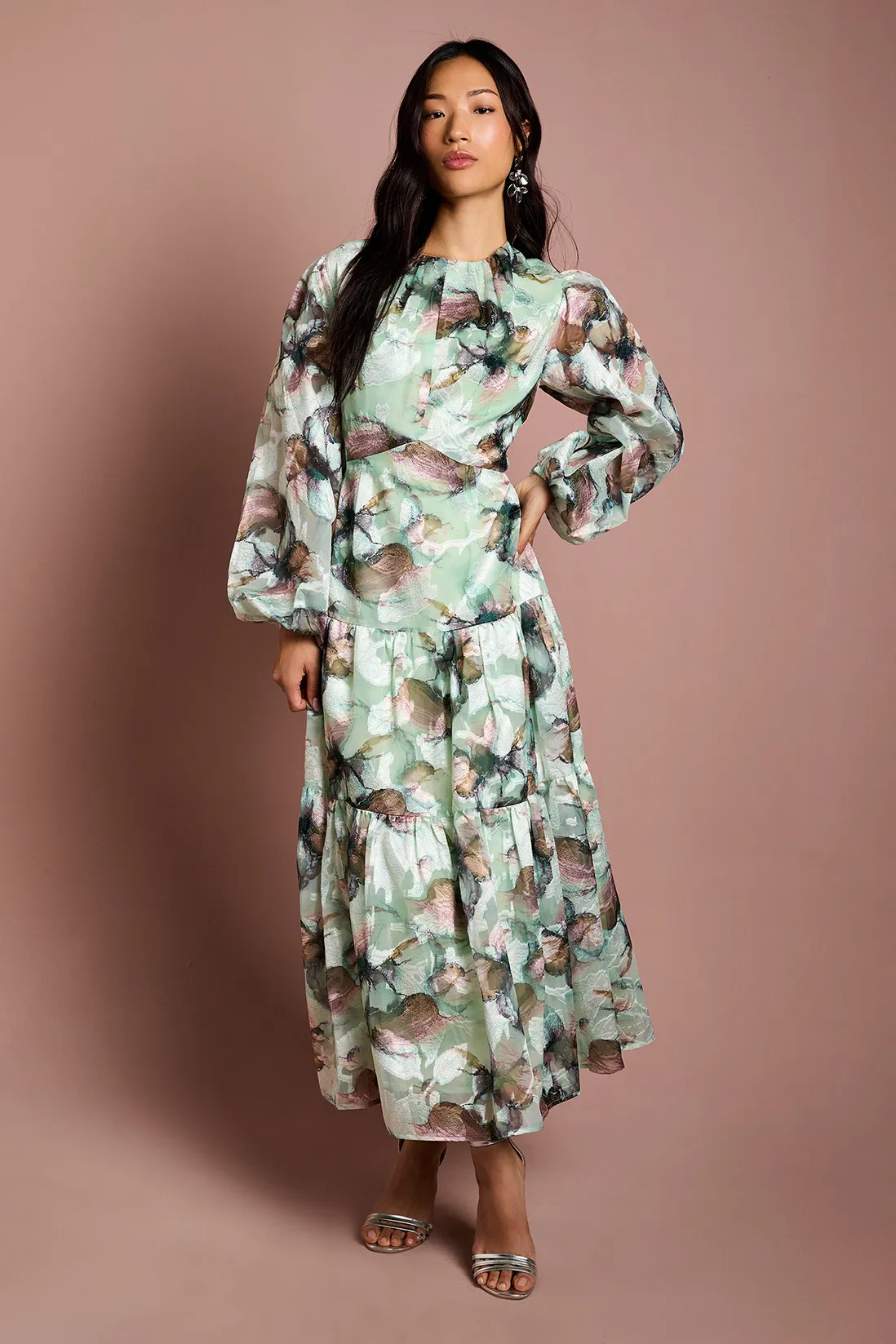 3/4 Puff Sleeve Printed Jacquard Midaxi Dress