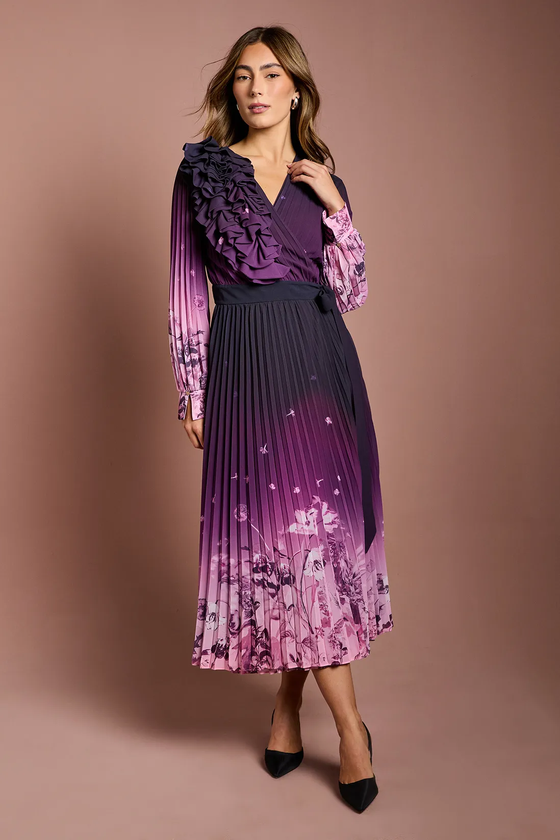 3D Floral Corsage Printed Georgette Wrap Dress