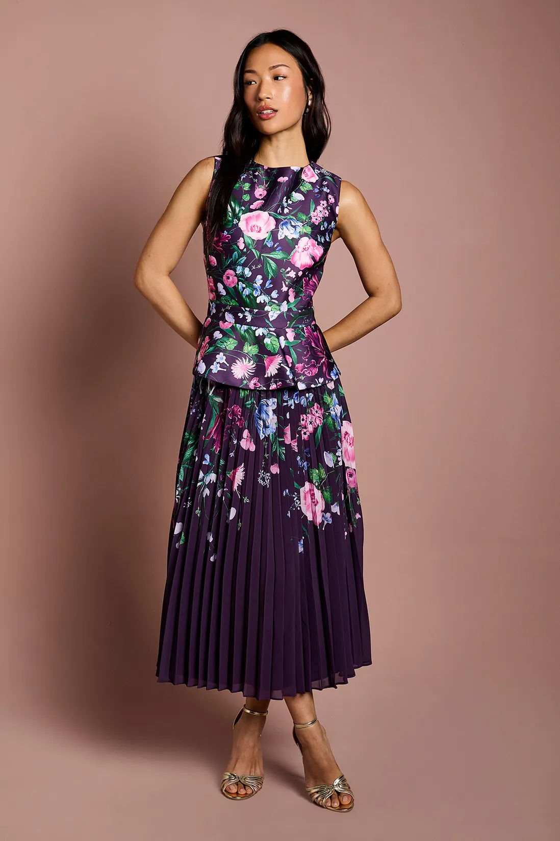 Structured Satin Placement Print Pleated Skirt Midi Dress