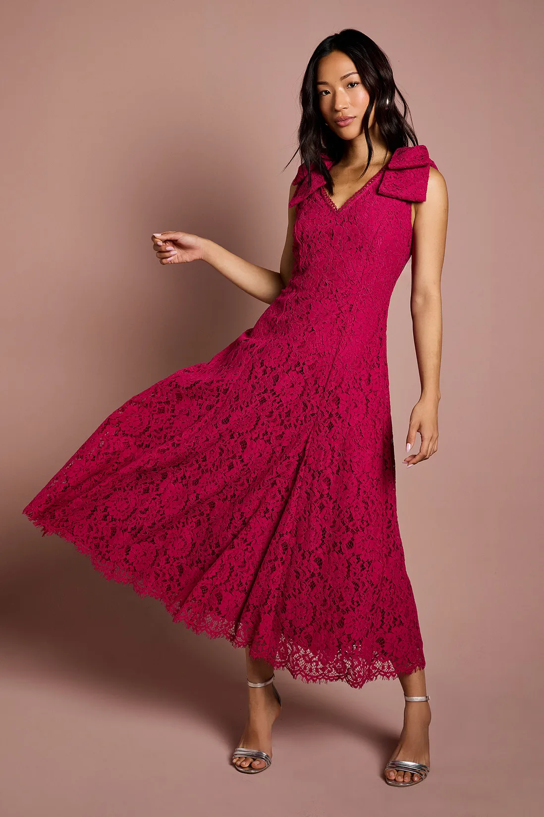 Bow Shoulder V Neck Lace Midi Dress