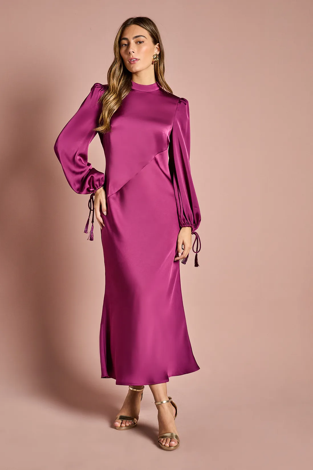 Blouson Sleeve Satin Midi Dress