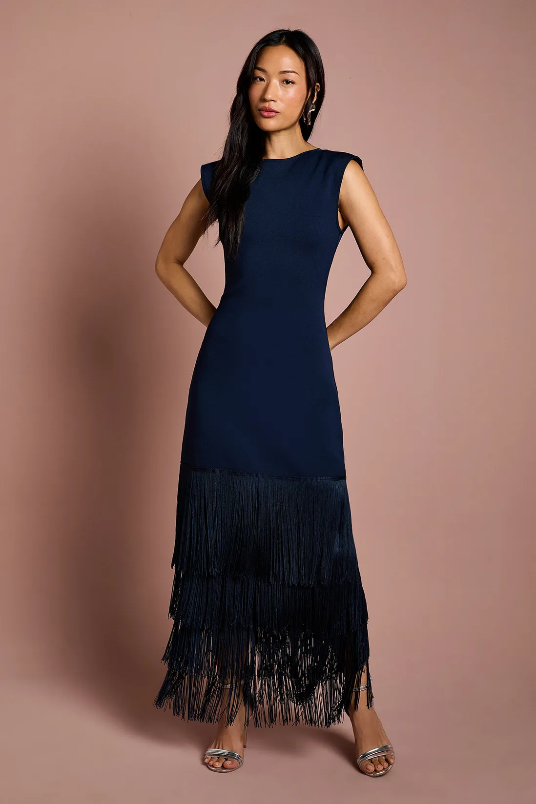 Bandage Knit Fringed Hem Midi Dress