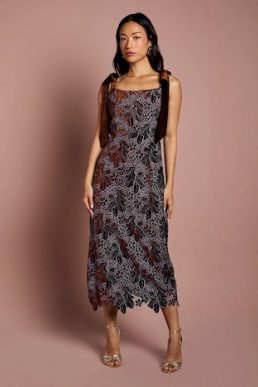 Coast Cut Out Velvet Lace Tie Shoulder Column Midi Dress Toffee Black