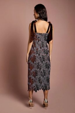 Coast Cut Out Velvet Lace Tie Shoulder Column Midi Dress Toffee Black