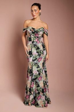 Coast Floral Bardot Maxi Dress Pink Black Multi
