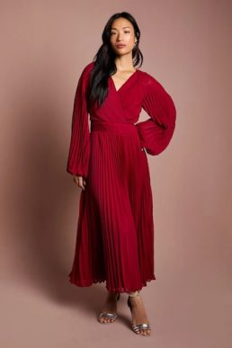 Coast Long Sleeve Chiffon Pleated Wrap Midi Dress Red