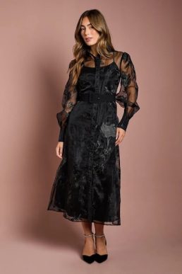 Coast Long Sleeve Embellished Organza Shirt Dress Black
