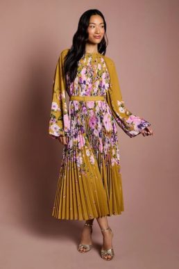 Coast Long Sleeve Floral Pleated Georgette Midi Dress Yellow