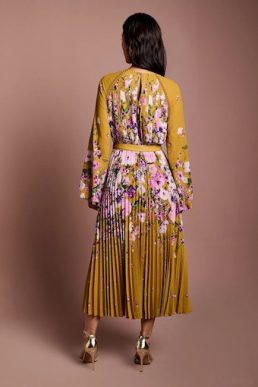 Coast Long Sleeve Floral Pleated Georgette Midi Dress Yellow