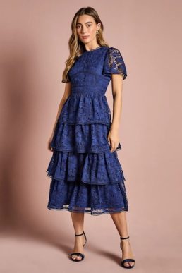 Coast Petite Tiered Lace Dress With Flutter Sleeve & Trims Navy blue
