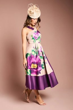 Coast Printed Structured Satin Cross Neck Midi Dress Purple Multi