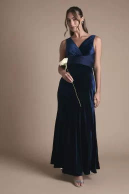 Coast Velvet V Neck Fishtail Maxi Bridesmaid Dress Navy Blue
