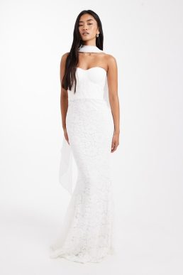 Six Stories Bridal lace bandeau scarf neck maxi dress in white