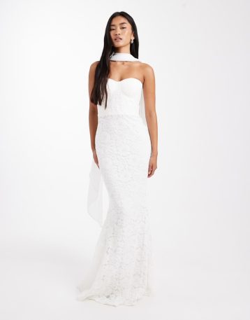 Six Stories Bridal lace bandeau scarf neck maxi dress in white