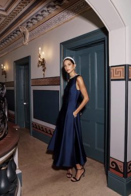 Hobbs Keira Trimmed Satin Midi Dress Midnight Navy Blue