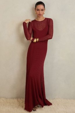 Reiss Ami Stitch Detail Maxi Long Sleeve Dress Red