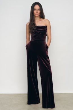 Reiss Andria Velvet Drape Strapless Jumpsuit Burgundy