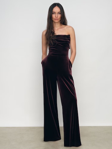 Reiss Andria Velvet Drape Strapless Jumpsuit Burgundy