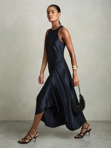 Reiss Anessa Satin Shirred Midi Dress Navy