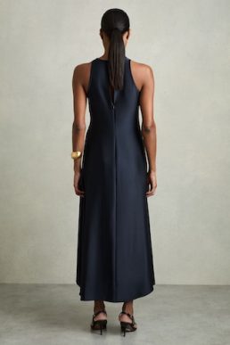 Reiss Anessa Satin Shirred Midi Dress Navy