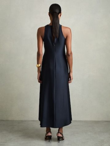 Reiss Anessa Satin Shirred Midi Dress Navy