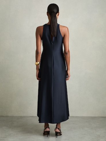 Reiss Anessa Satin Shirred Midi Dress Navy