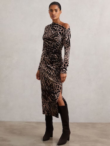 Reiss Briana Velvet Leopard-Print Midi Dress Black Brown
