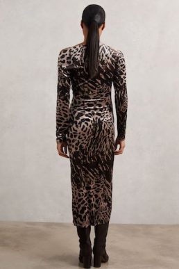 Reiss Briana Velvet Leopard-Print Midi Dress Black Brown