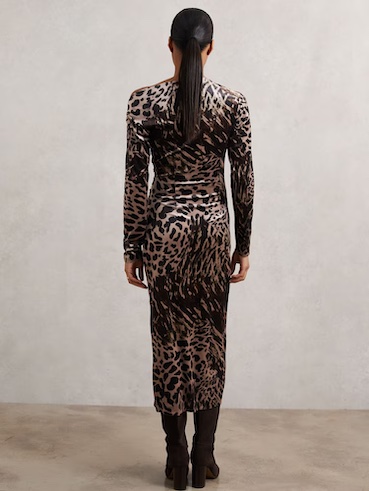 Reiss Briana Velvet Leopard-Print Midi Dress Black Brown