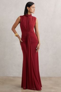 Reiss Daniella Ruched Sleeveless Maxi Dress Dark Red