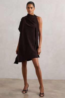 Reiss Ellery One-Shoulder Draped Mini Dress Chocolate Brown