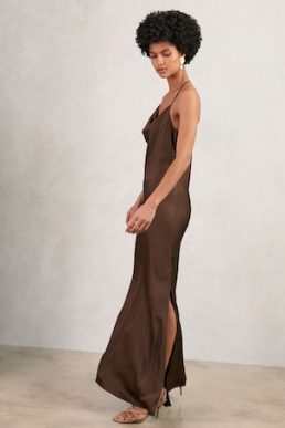 Reiss Maisley Satin Cowl-Neck Slip Dress Chocolate Brown
