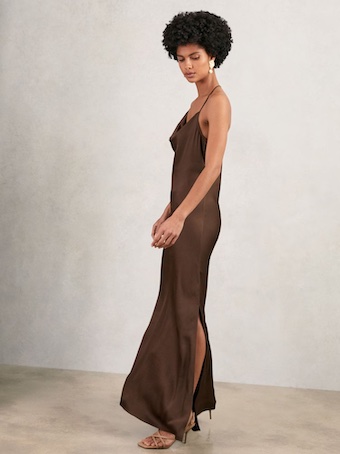 Reiss Maisley Satin Cowl-Neck Slip Dress Chocolate Brown