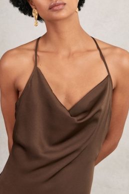 Reiss Maisley Satin Cowl-Neck Slip Dress Chocolate Brown