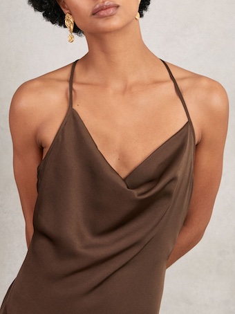 Reiss Maisley Satin Cowl-Neck Slip Dress Chocolate Brown