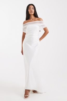 Six Stories Bridal off the shoulder mesh high low hem maxi white
