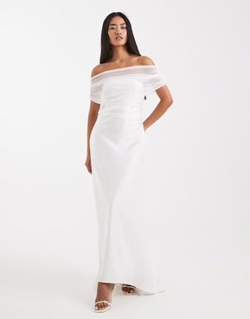 Six Stories Bridal off the shoulder mesh high low hem maxi white