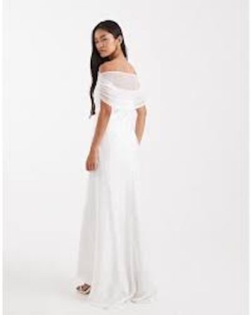 Six Stories Bridal off the shoulder mesh high low hem maxi white