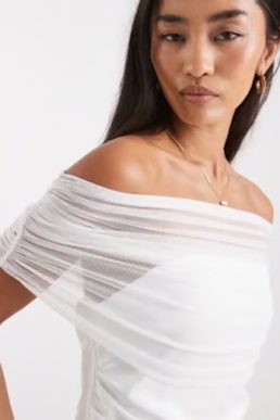 Six Stories Bridal off the shoulder mesh high low hem maxi white