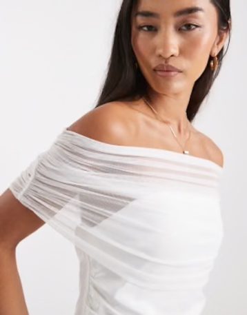 Six Stories Bridal off the shoulder mesh high low hem maxi white