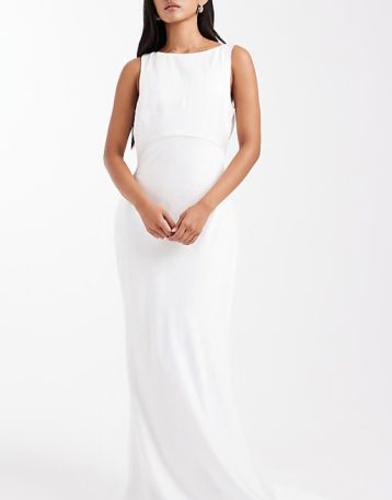 Six Stories Bridal satin maxi dress with mesh keyhole back and button detail in white