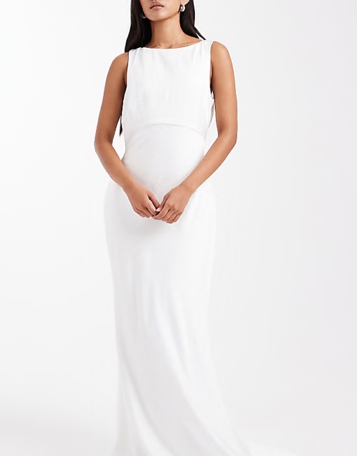 Six Stories Bridal satin maxi dress with mesh keyhole back and button detail in white
