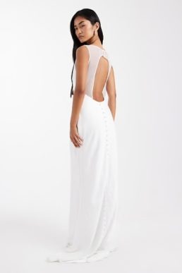 Six Stories Bridal satin maxi dress with mesh keyhole back and button detail in white