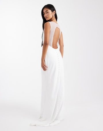 Six Stories Bridal satin maxi dress with mesh keyhole back and button detail in white